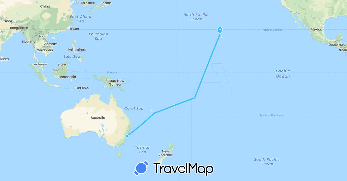 TravelMap itinerary: driving, boat in Australia, Fiji, France, United States (Europe, North America, Oceania)